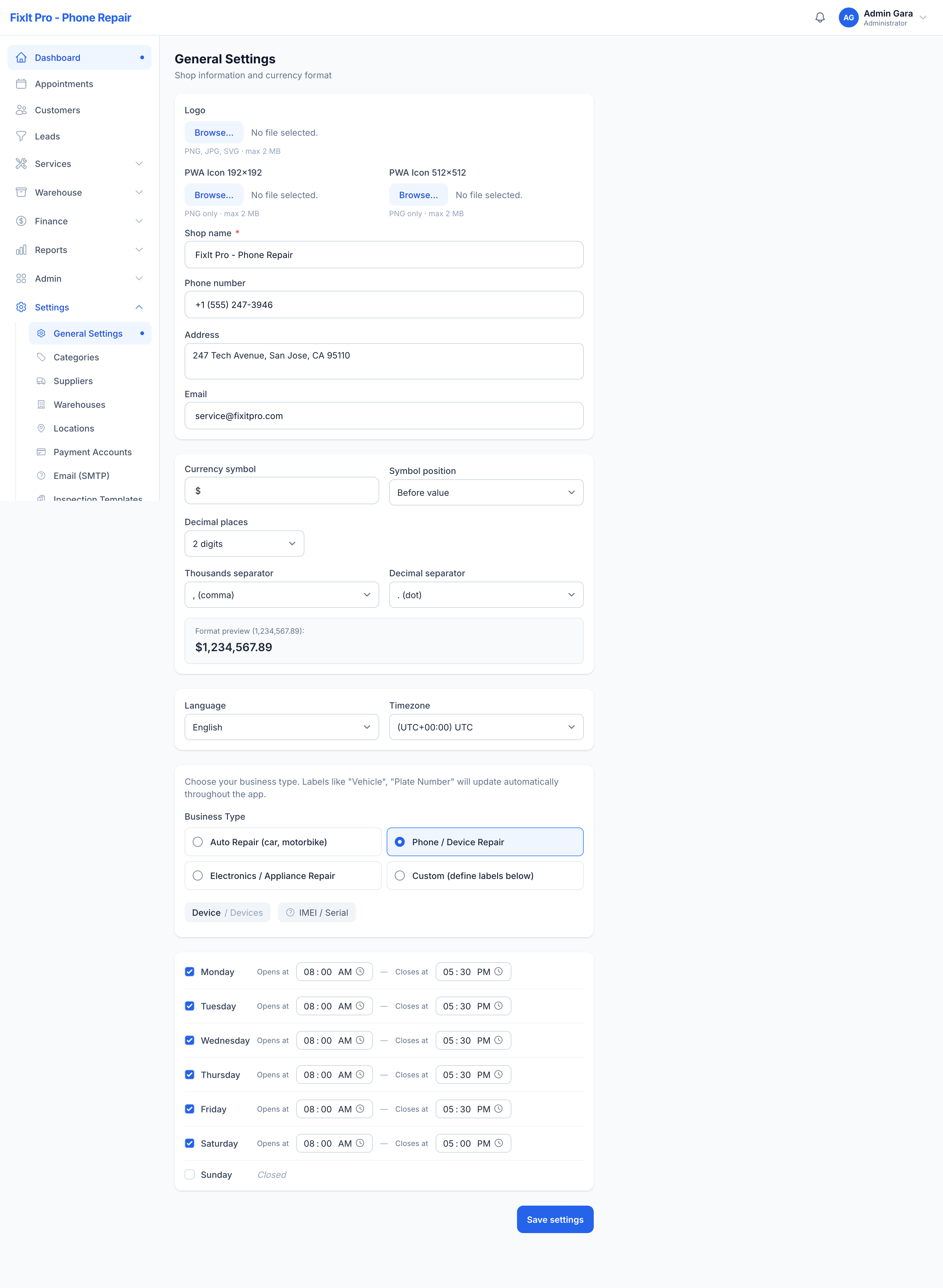 Settings Shop Type